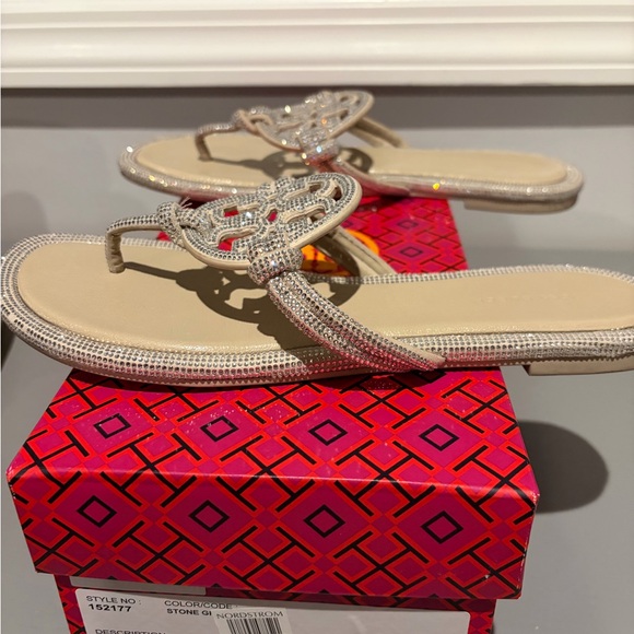 Tory Burch Miller Knotted Pavé Sandals 8.5 Stone Gray Crystal - Picture 6 of 10